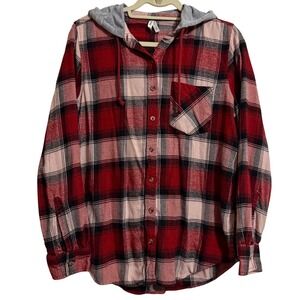 Mudd Women's Plaid Flannel Button Up Shirt Hoodie Red Pink Black Size‎ M
